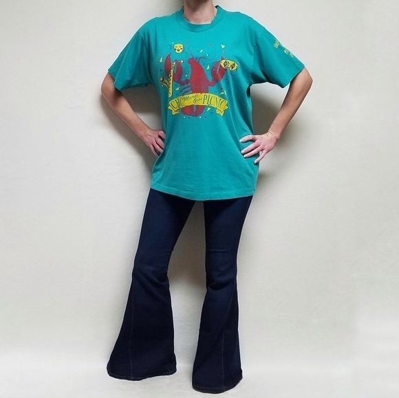 VINTAGE 1993 OOAK Mardi Gras Picnic Turquoise Sax Lobster Single Stitch Tee L - Picture 2 of 13